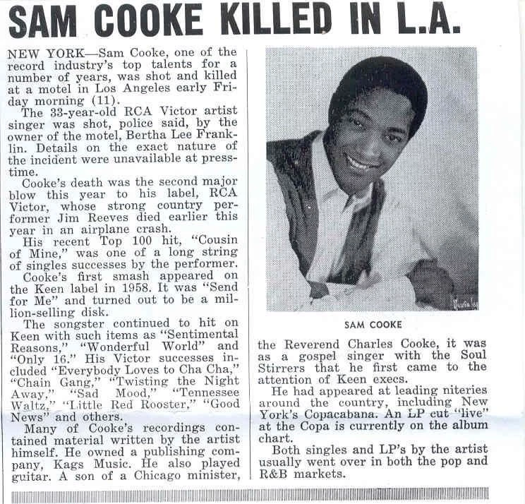 SAM COOKE EULOGIZED; FUNERAL HELD IN CHICAGO . . . JANUARY 2, 1965 –