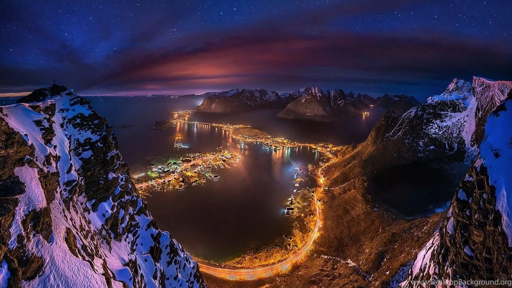 Cityscape, Starry Night, Lofoten, Norway, Mountain, Sea, Lights ...