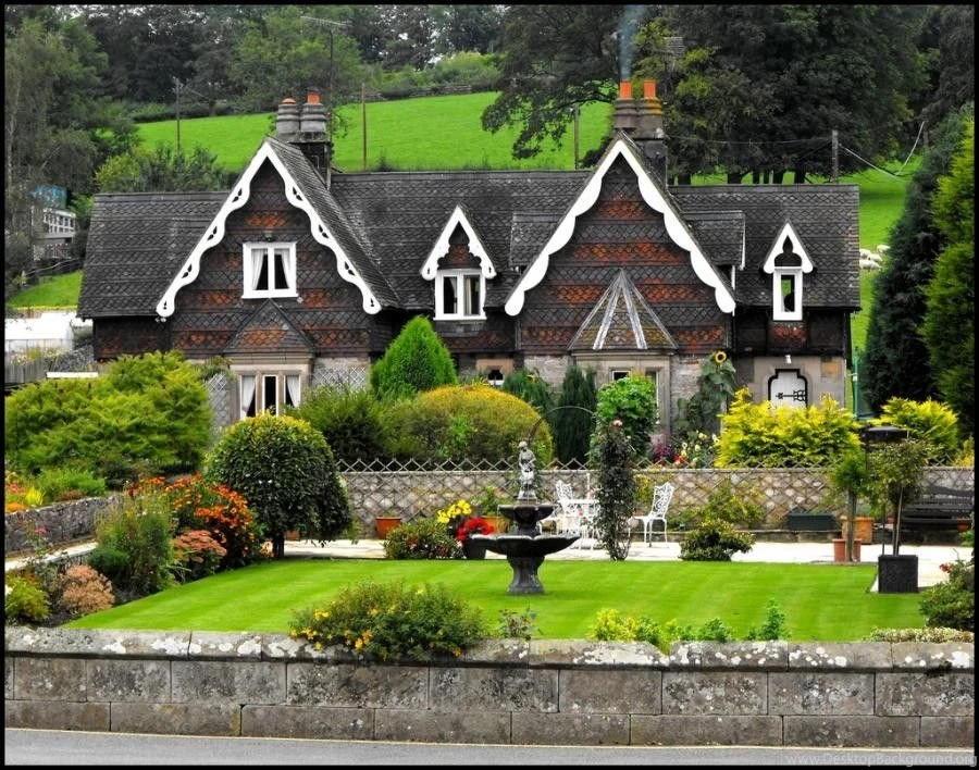 Houses Surrounded Flowers Peaked Roof Patio Furniture Trees Rock ...