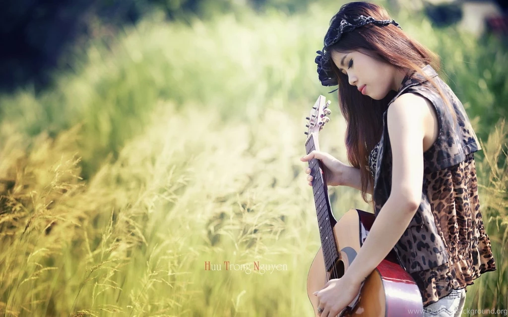 Girl Playing Guitar In The Field Widescreen Wallpapers