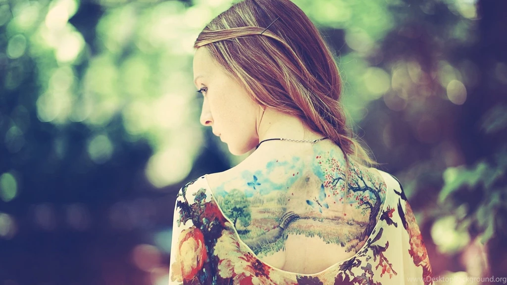 Download Wallpapers 1920x1080 Girl, Back, Dress, Tattoos, Nature ...