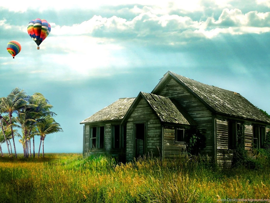 Hot Air Balloons Over An Old House Wallpapers