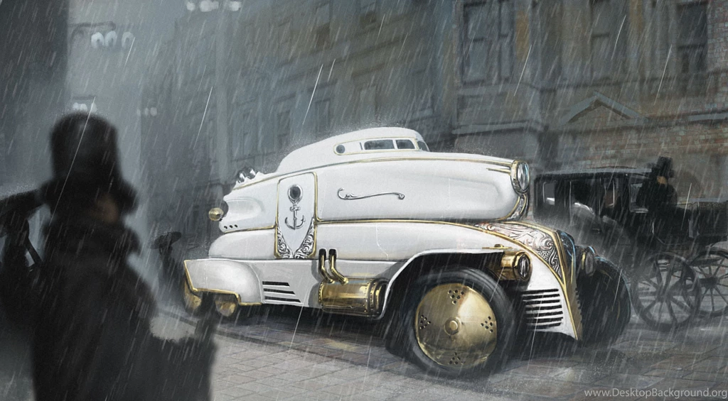 Art Steampunk Car City White Rain Storm Custom Retro Wallpapers ...