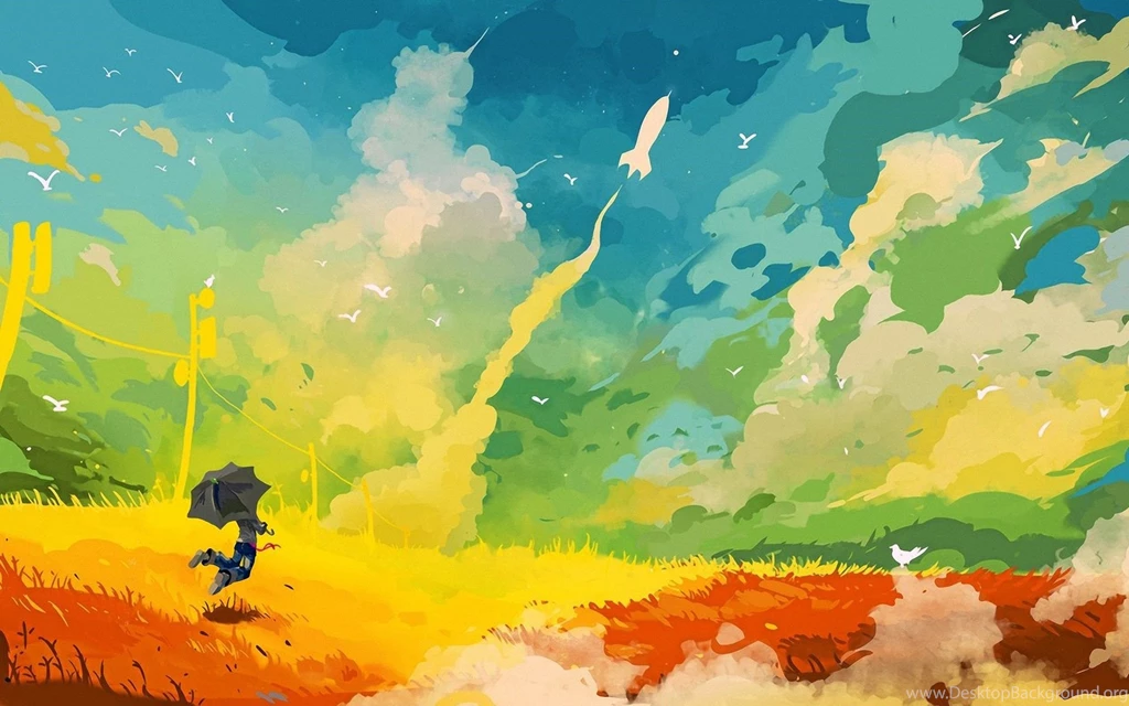 Painting, Colors, Rocket, Umbrella, Birds, Art HD Wallpapers