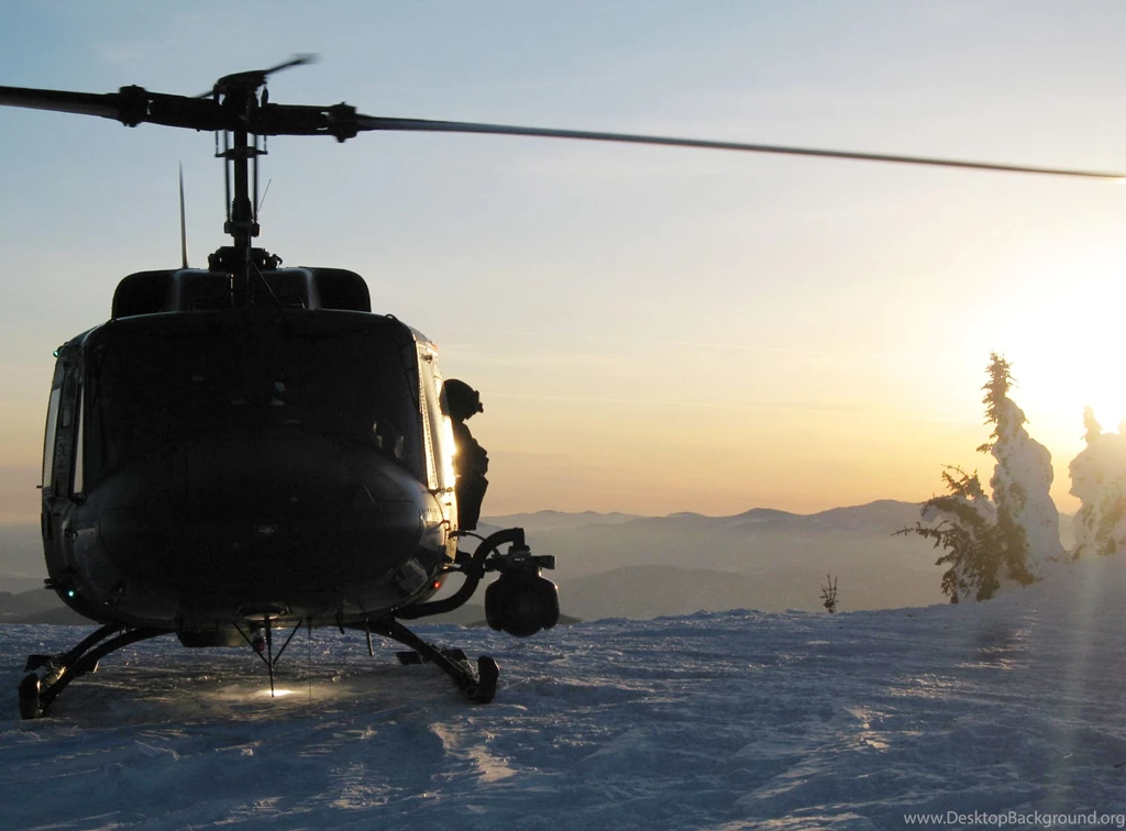 Sunset Scene Of Bell UH 1N Twin Huey Of US Air Force