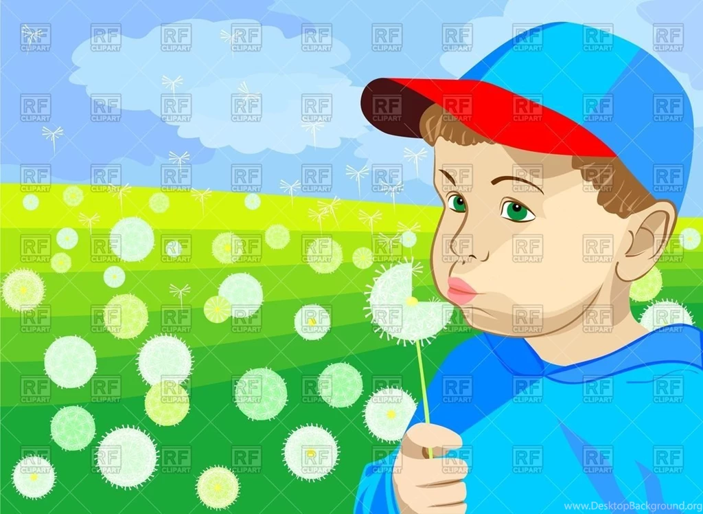Little Boy In A Blue Cap And Blue Jacket, Blowing On A Dandelion ...