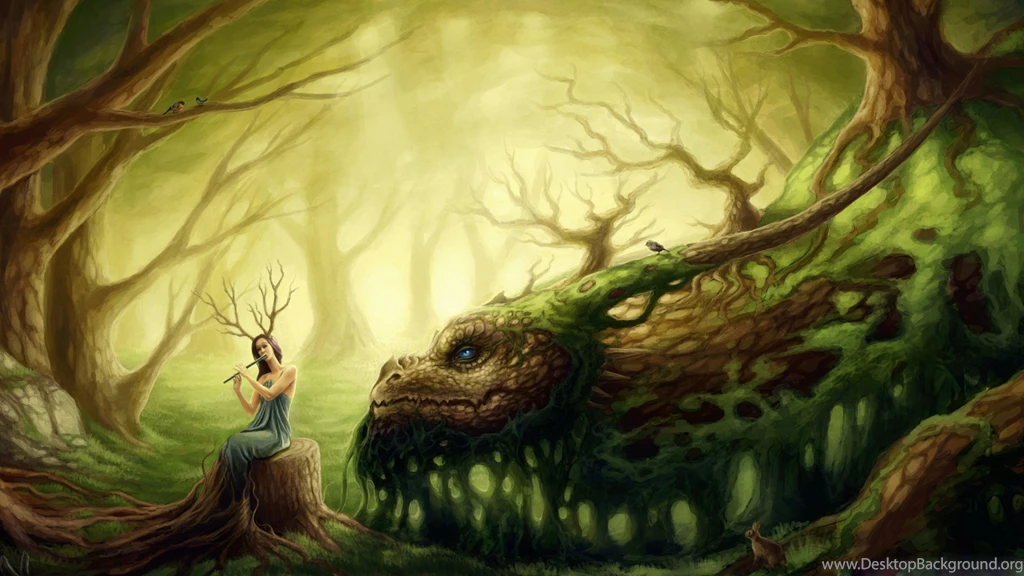 Forest Creatures green Tree Dragon Animal Girl Bird Music ...