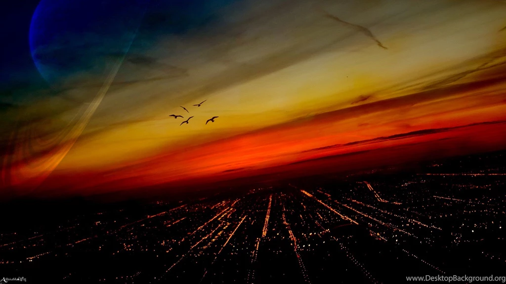 City Grid Dusk Birds Flying Desktop Wallpapers