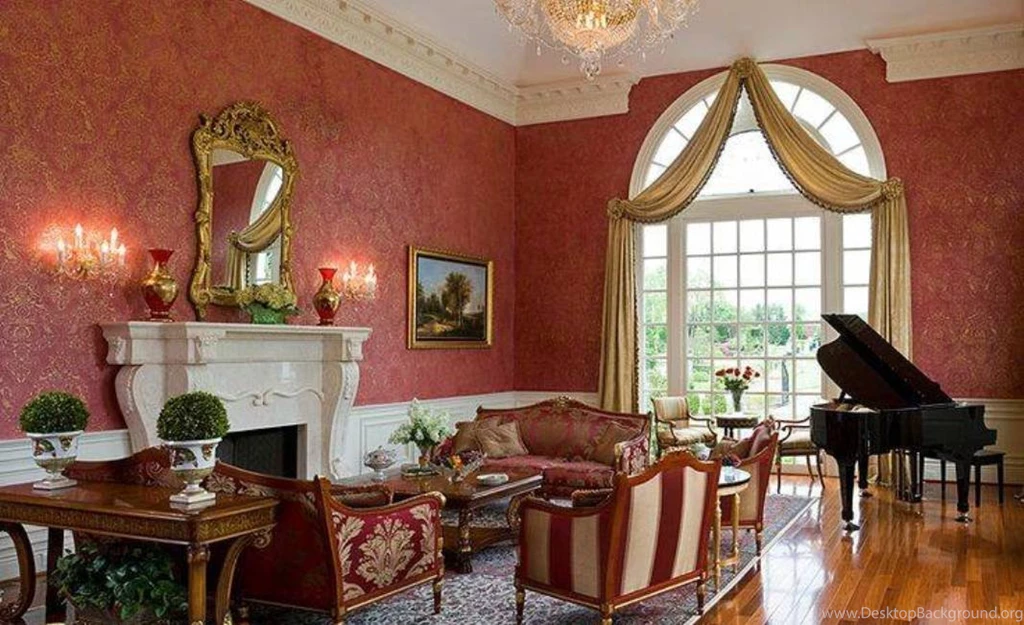 Upscale Home Decor Living Room With Wallpapers And Fireplace And ...