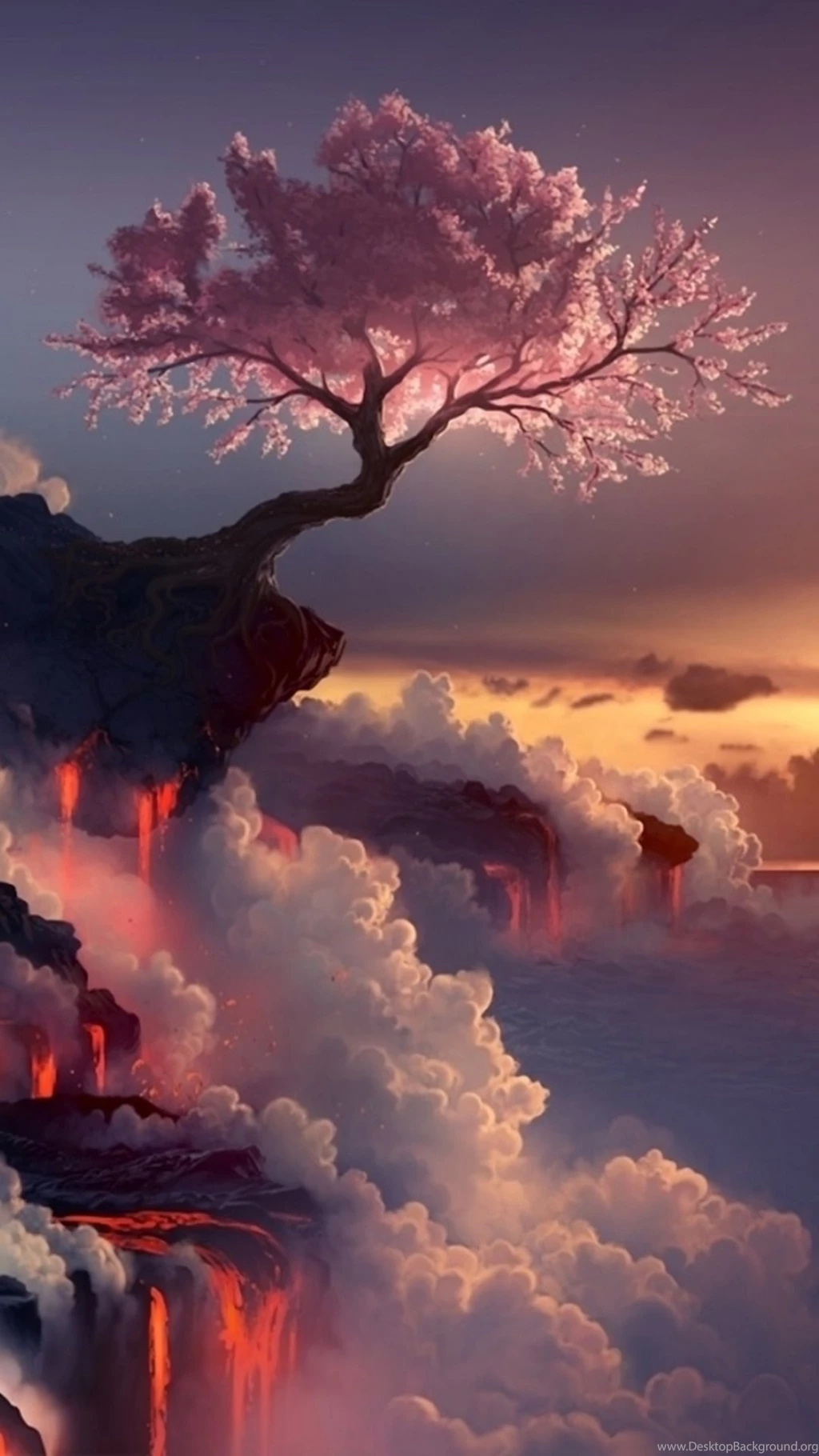 Top android wallpapers 1080x1920 Fantasy Pink Cherry Blossoms Cloudy Mountain Top Skyscape Paint Art.jpg
