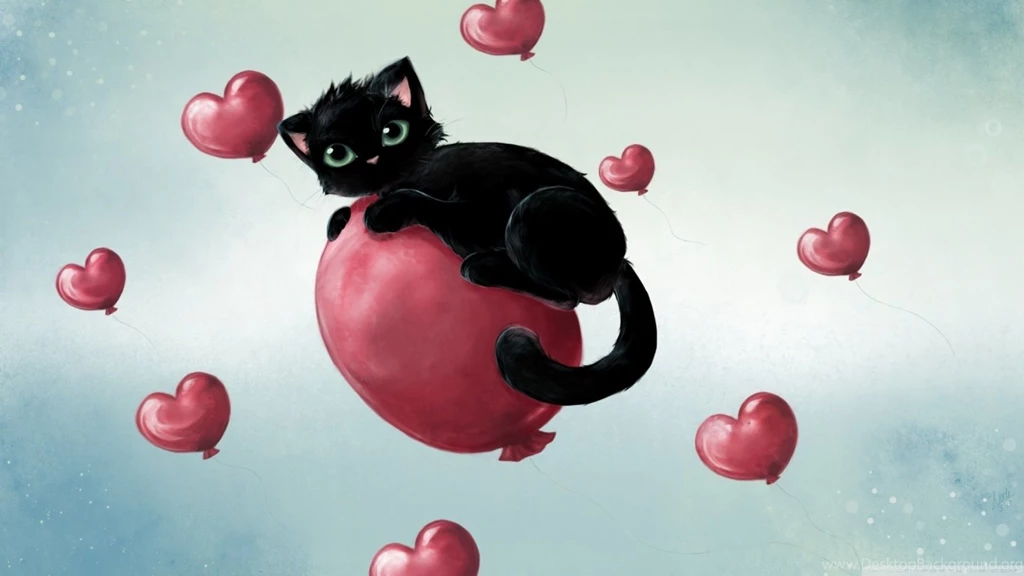 Cute Kitty Floating On Heart Baloons HD Desktop Wallpapers ...