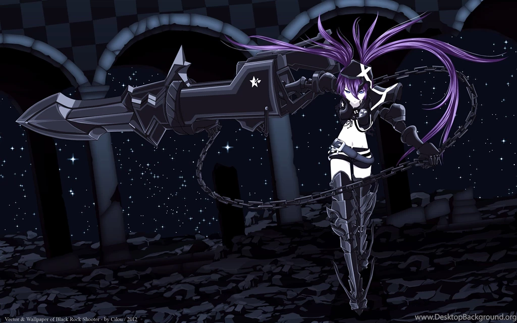 Ruins, Black Rock Shooter, Stars, Blue Eyes, Long Hair, Belts ...
