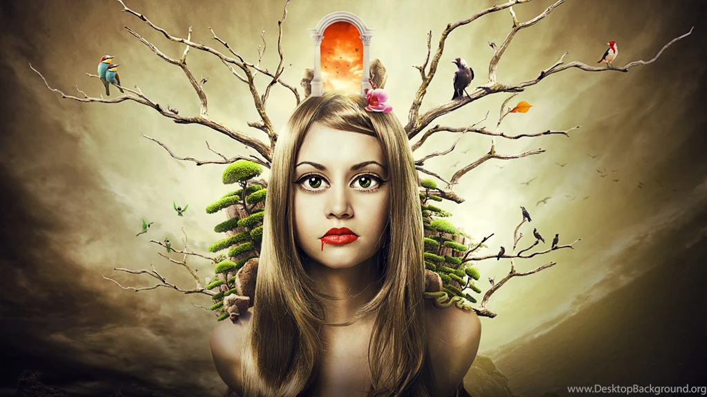 Abstract Girl, Tree Branches, Birds, Door Widescreen Wallpapers ...