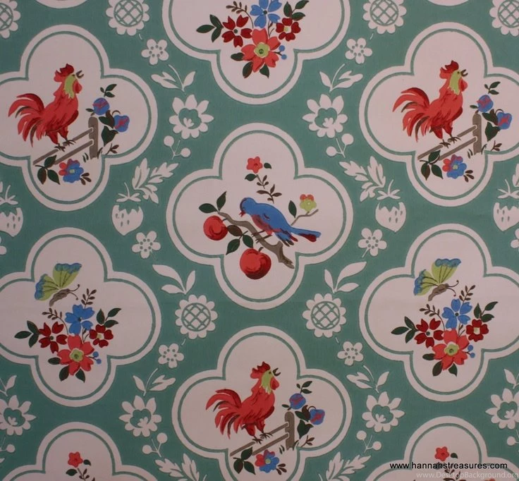 1940's Vintage Wallpapers Red And Aqua With Birds Cherries Roosters ...