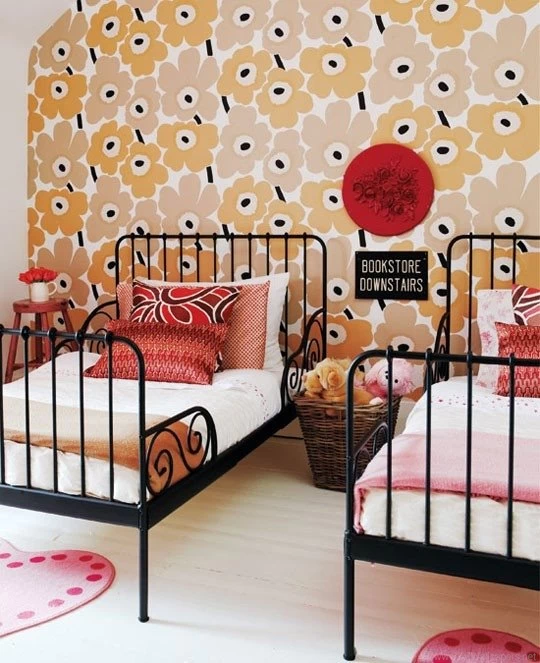 For Big Girls. Marimekko Wallpaper, Ikea Beds.