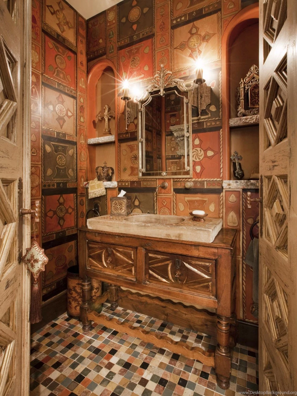 Old World Powder Room With Artistic Wallpapers
