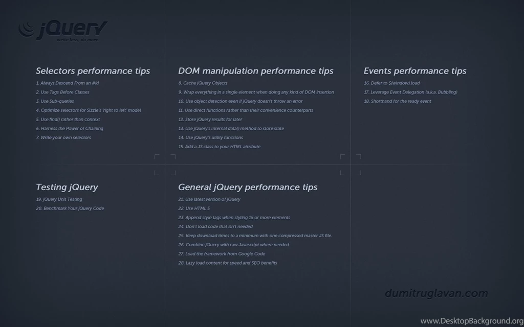 JQuery Performance Tips Cheat Sheet
