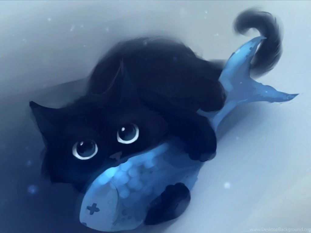 1024x768 Black Cat & Blue Fish Desktop PC And Mac Wallpapers