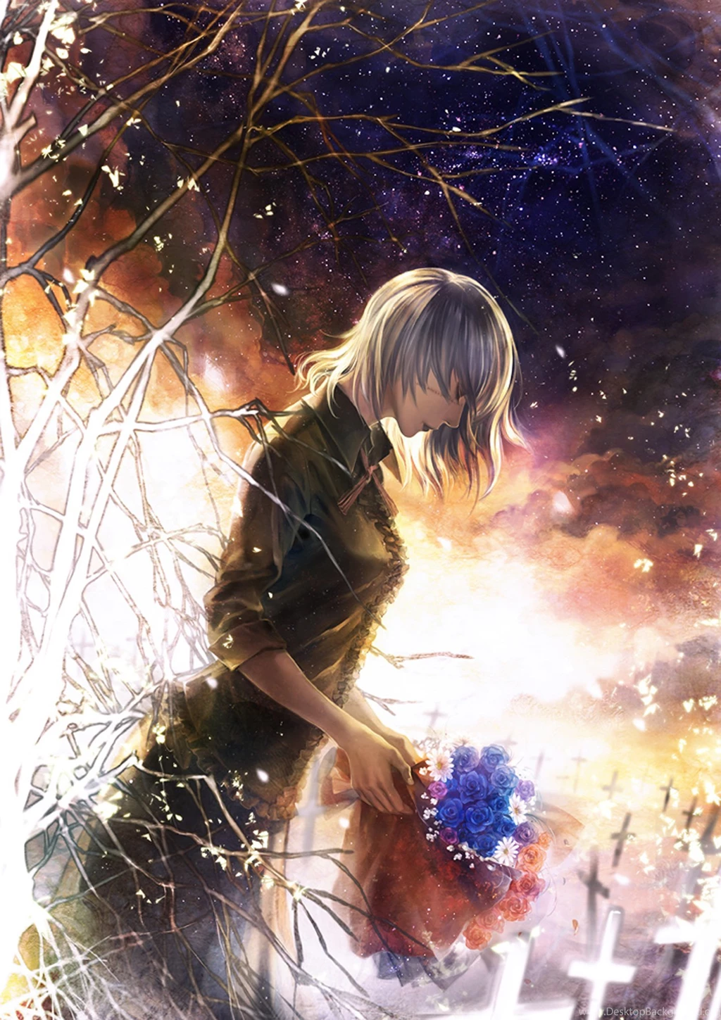 Original Girl Flower Rose Blue Sad Anime Short Hair Wallpapers ...