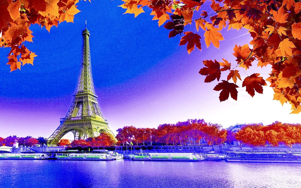 Monuments: Eiffel Tower Autumn Sky Water Boats River Season Leaves ...