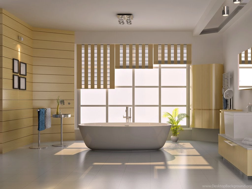 Bathroom With Floral Wallpapers And White Freestanding Bath