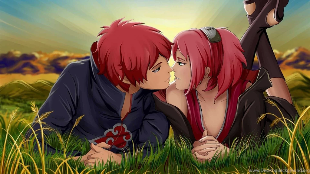 An anime couple with red hair kissing in the grass