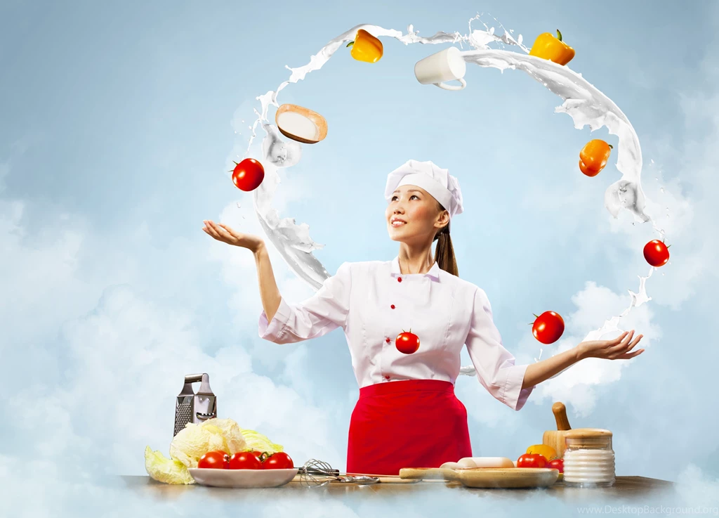 Girl Woman Chef Kitchen Vegetables Tomatoes Peppers Eggs Milk ...