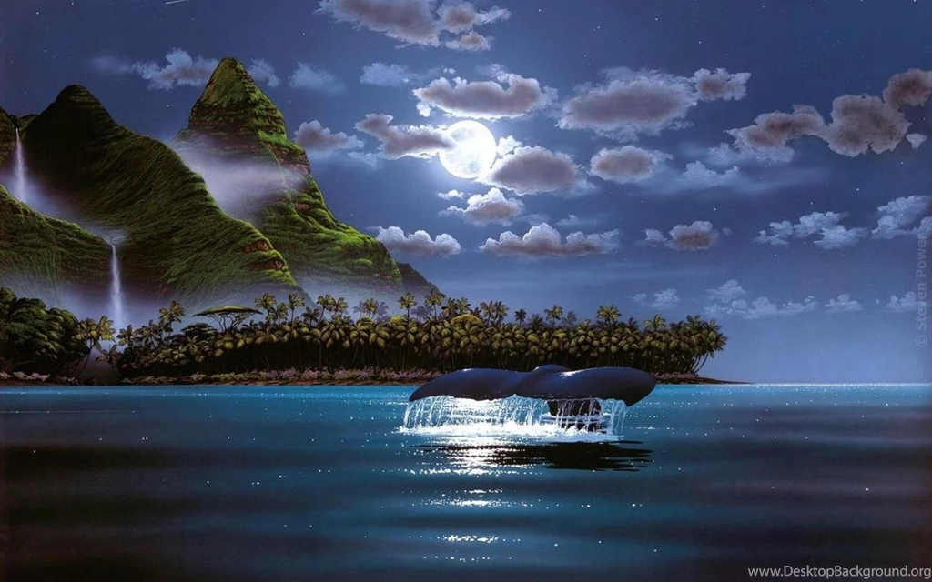 WHALE SWIMMING NEAR AN ISLAND FANTASY WALLPAPER   (
