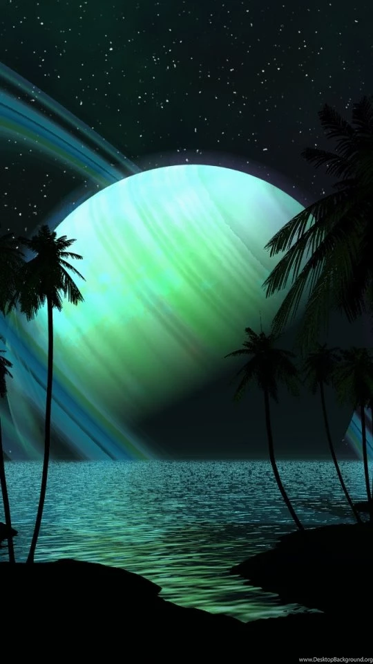 Download Wallpapers 540x960 Saturn, Palm Trees, Water, Darkness ...