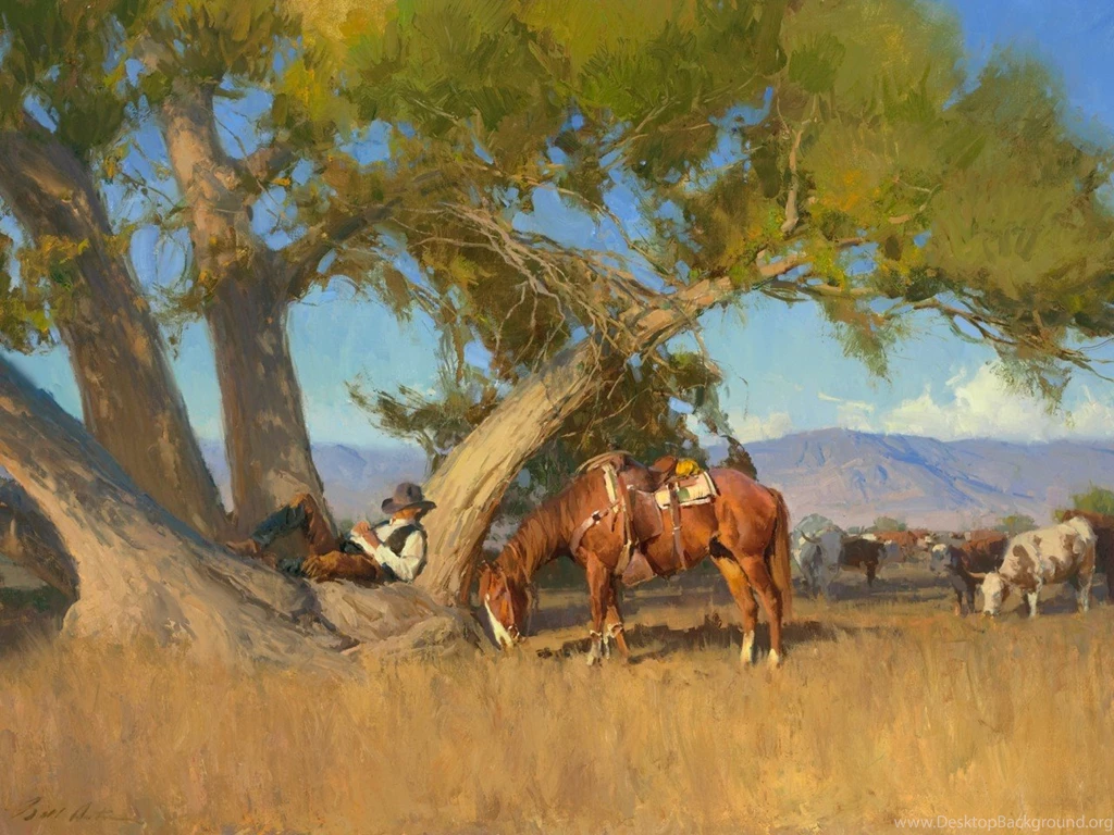 Other: American Old West Scenery Horses Painting Nature Trees ...