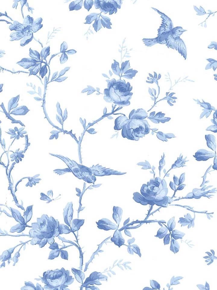 Bird And Roses Wallpaper, Perfect For The Blue & White Cottage ...