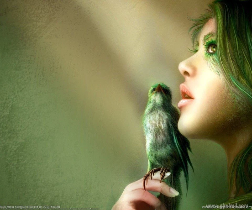 Girl With Green Sparrow 3d Hd High Resolution Wallpapers Windows ...