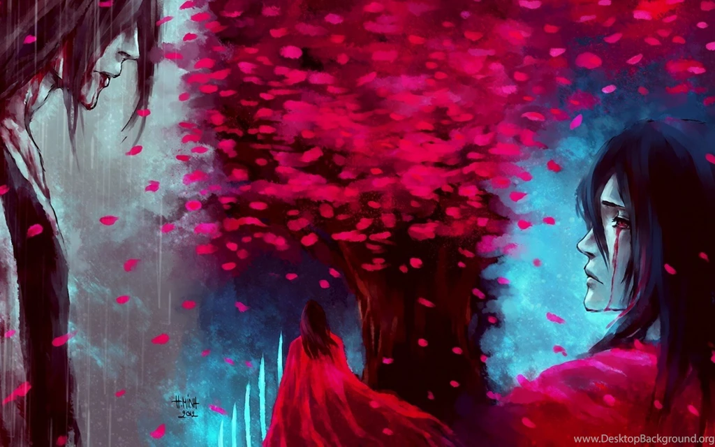 Art Guy Sakura Red Tree Back Rain Wallpapers