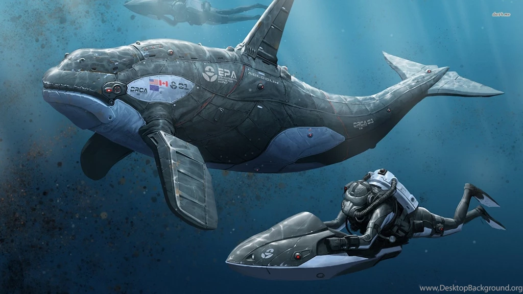 Divers And A Robotic Orca Wallpapers Fantasy Wallpapers
