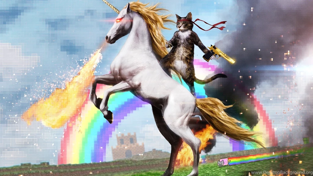 Wallpaper: Fantasy, Unicorn, Animal, Cat, Gun, Fire, Jumping ...