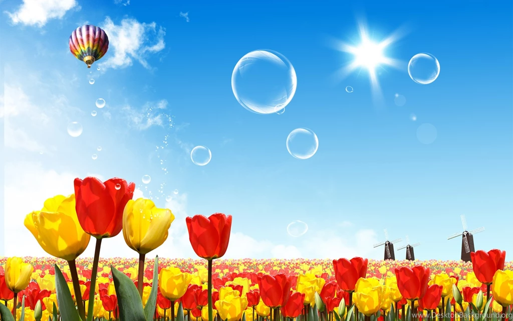 Download Wallpapers 1920x1200 Tulips, Sun, Sky, Hot Air Balloon ...