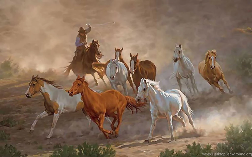Horses: Roundup Animal Equine Painting Art Artwork Horse Wide ...