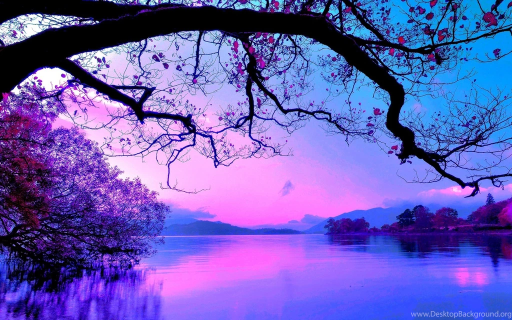 Color Effect Lakes Lavender Mountains Nature Purple Reflection Sky ...