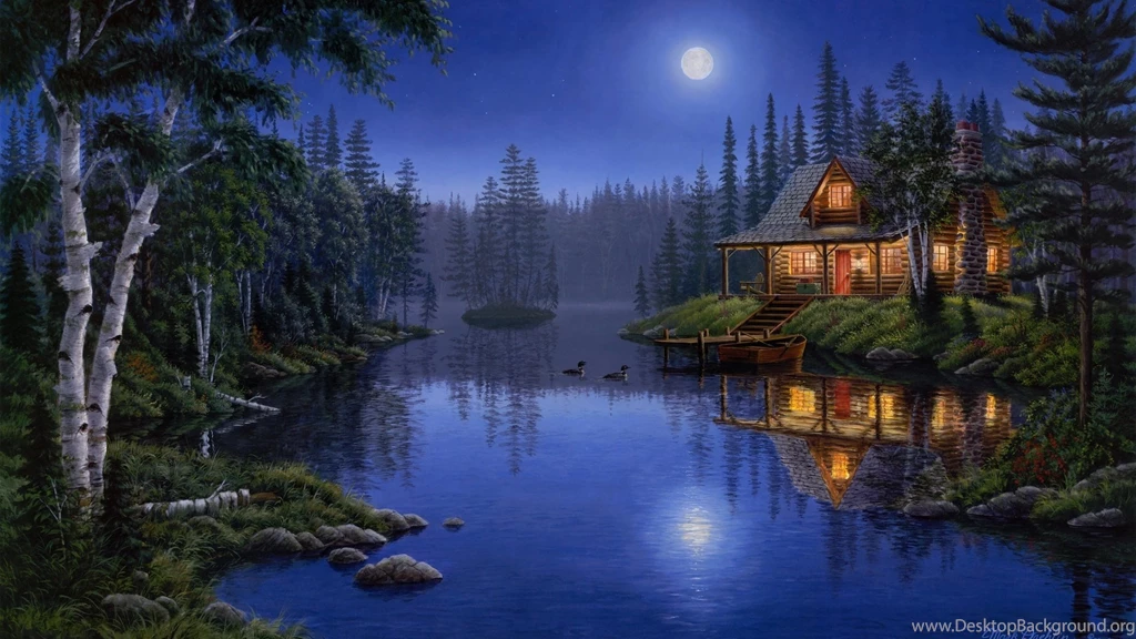 1920x1080 Lake, Moonlight, Night, House, Painting, Forest, Moon ...