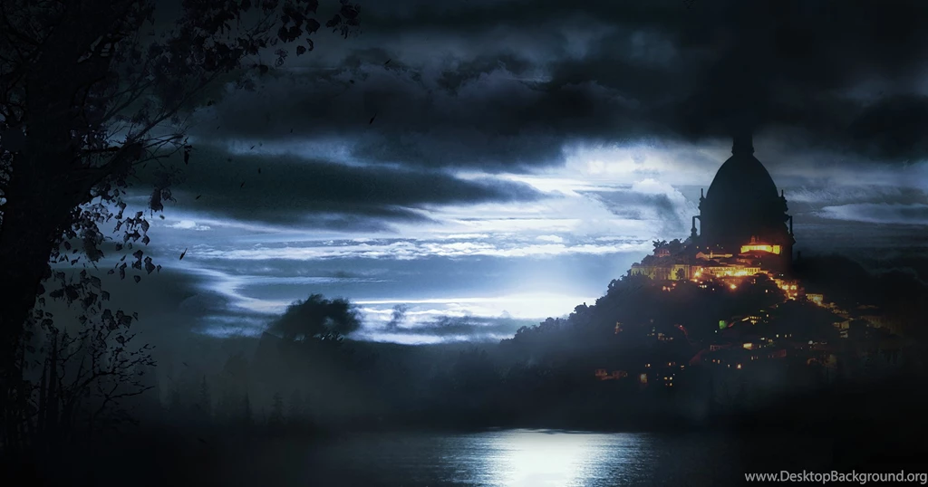 Fantasy Castles Cities Lake Night Clouds Moonlight Lights ...