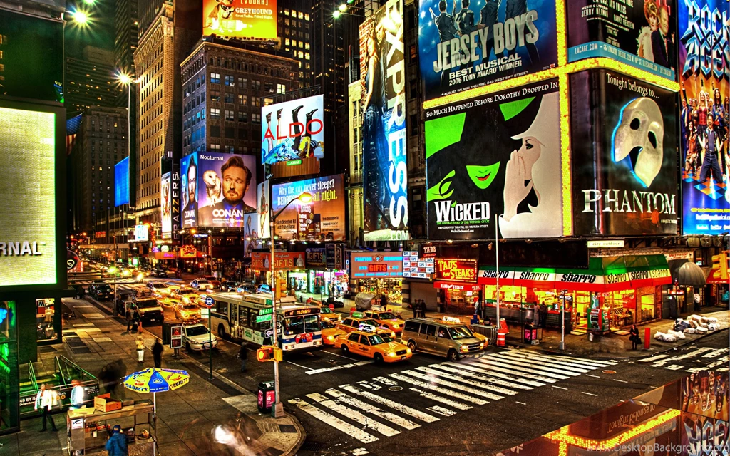 Times Square New York Usa City Cities Neon Lights Traffic Crowd ...
