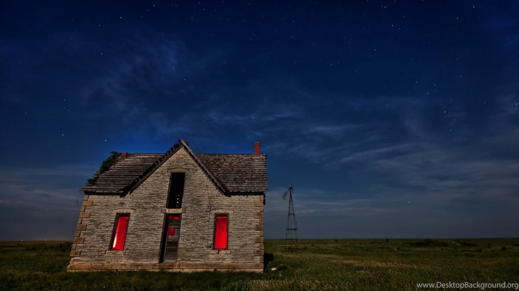 Houses: Haunted House Prairie Night Windmill Stars Red Lights Free ...