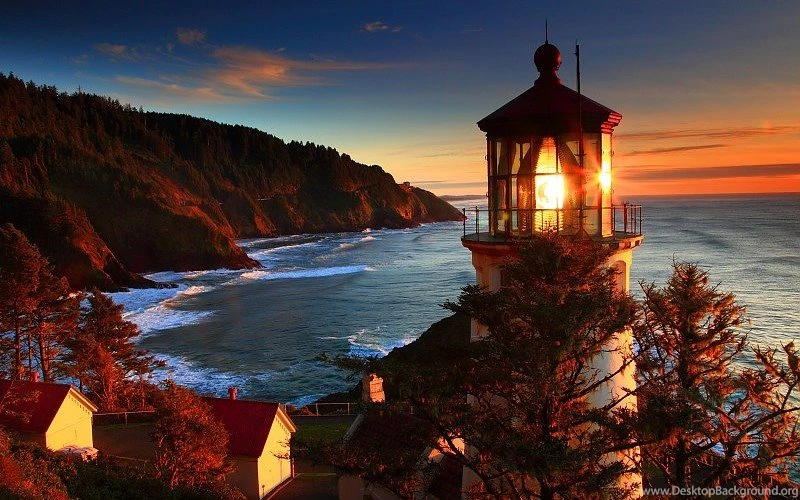 Oregon Coast Sea Lighthouse Sunset Landscape Ocean Sunrise Autumn ...