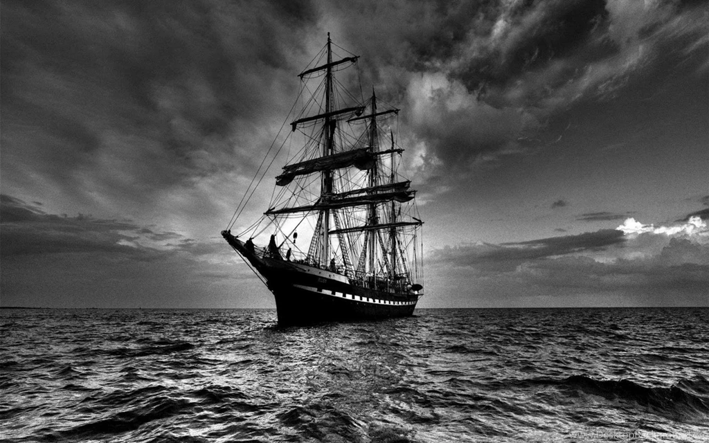Saling Ship In The Middle Of Stormy Ocean