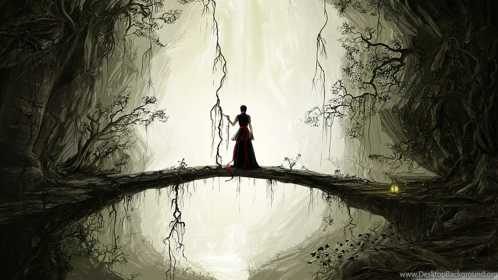 Natural Bridge Painting Forest Tree Alone Girl Wallpapers ...