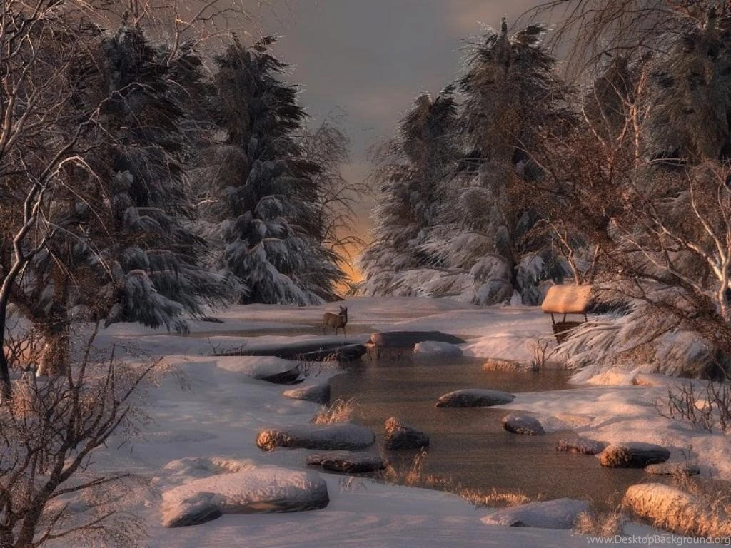 Winter: Winter Crossing Snow River Trees Deer Free Desktop ...