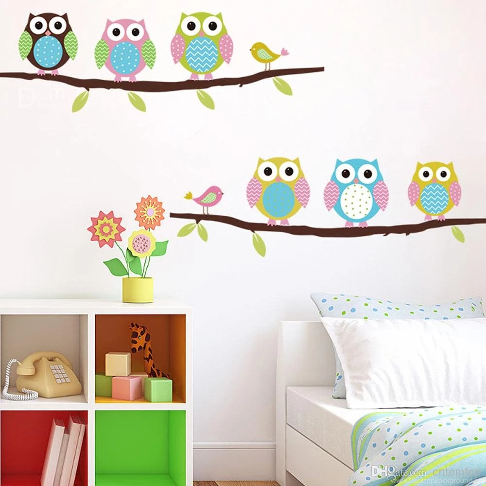 Cartoon Cute Six Owl On Tree DIY Wall Sticke Wallpapers Stickers ...