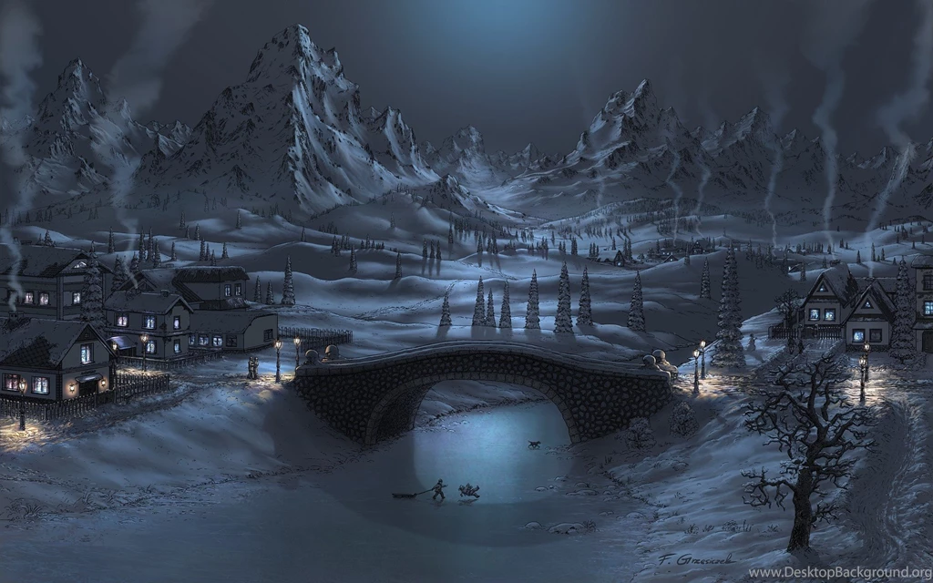 Mountains Winter Snow Night Bridges Artwork Fel x Wallpapers ...