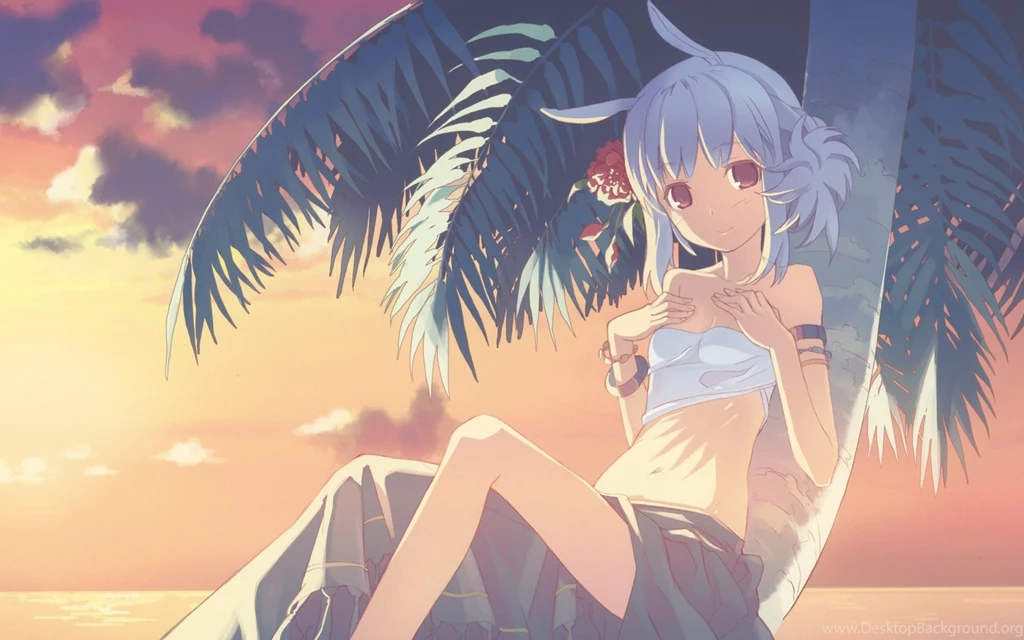 Beach Palm Trees Anime Girls H2SO4 (Illustrator) : Desktop And ...