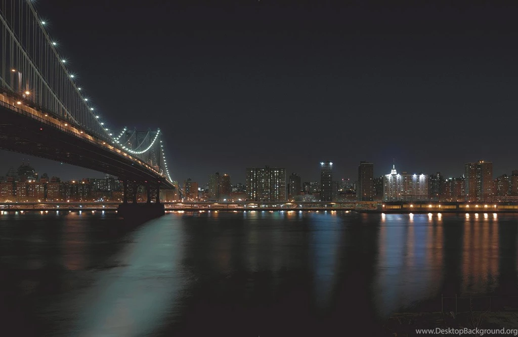 Stock Photo Night Time View Of Brooklyn Bridge Over Water With Light